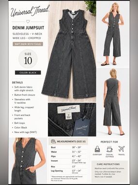 NWT Universal Thread Denim Jumpsuit Size 10 Black Wash Sleeveless Wide Leg